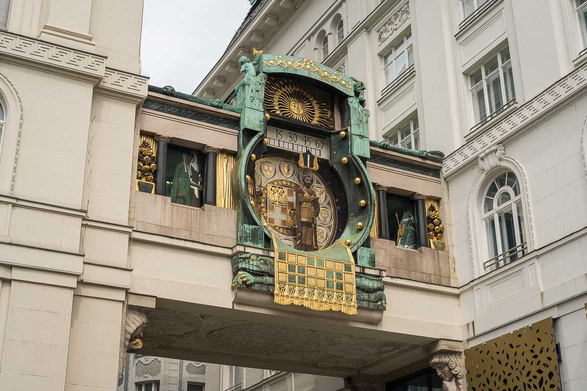 The Anker Clock on the bridge that links the two buildings. One figure is already visible in front of the clock while a few others are waiting to parade.