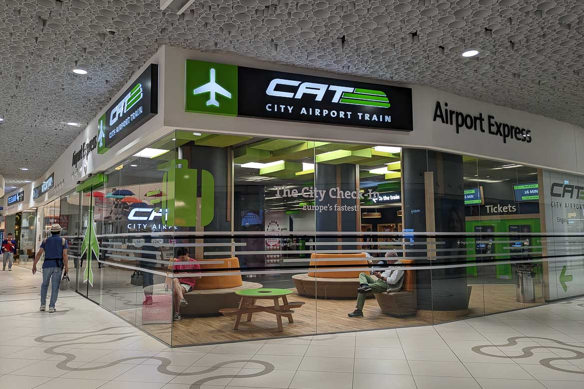 The City Airport Train's lounge. There are ticket vending machines inside. 