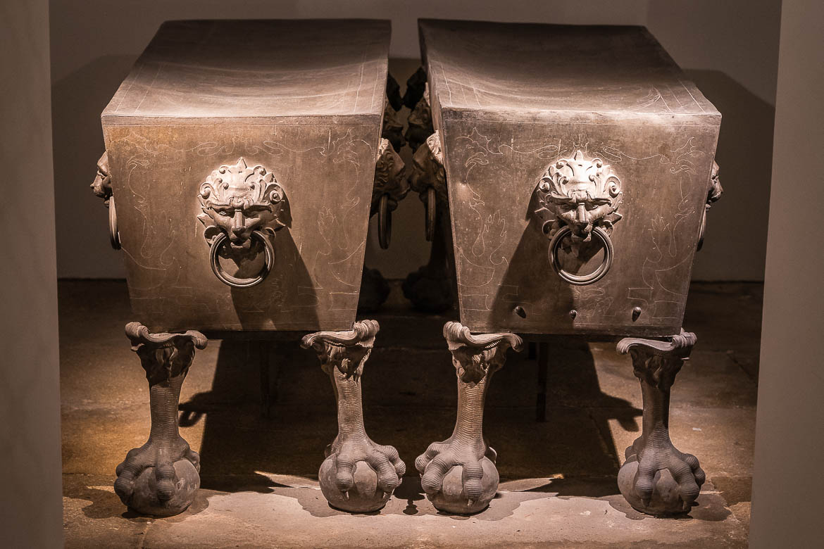 Two iron sarcophagi at the Imperial Crypt, one of the best places to visit in Vienna in 3 days. 