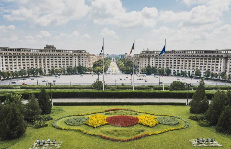This photo shows the view to Bulevardul Unirii from the Palace of the Parliament, one of the top things to do in Bucharest, Romania.