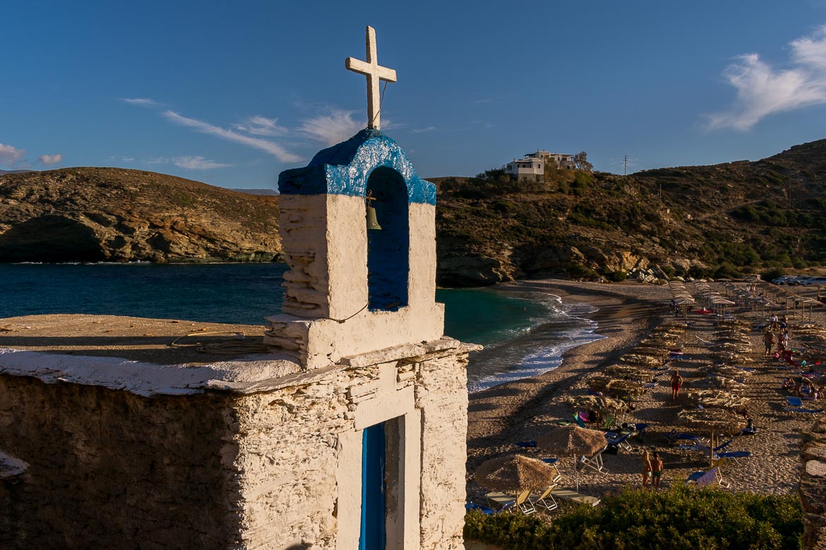 The whitewashed chapel on the beach at Vitali.