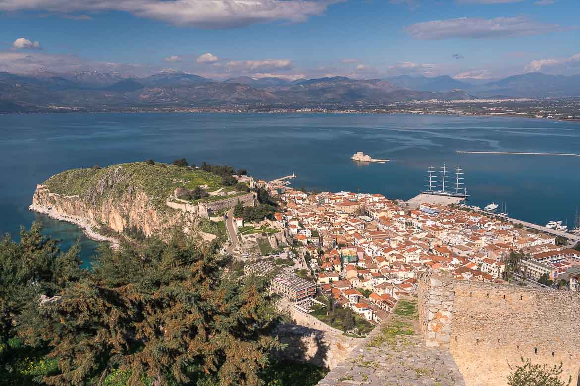 This image shows the view of Akronafplia and the Old Town of Nafplio. The photo was taken from Palamidi Castle.