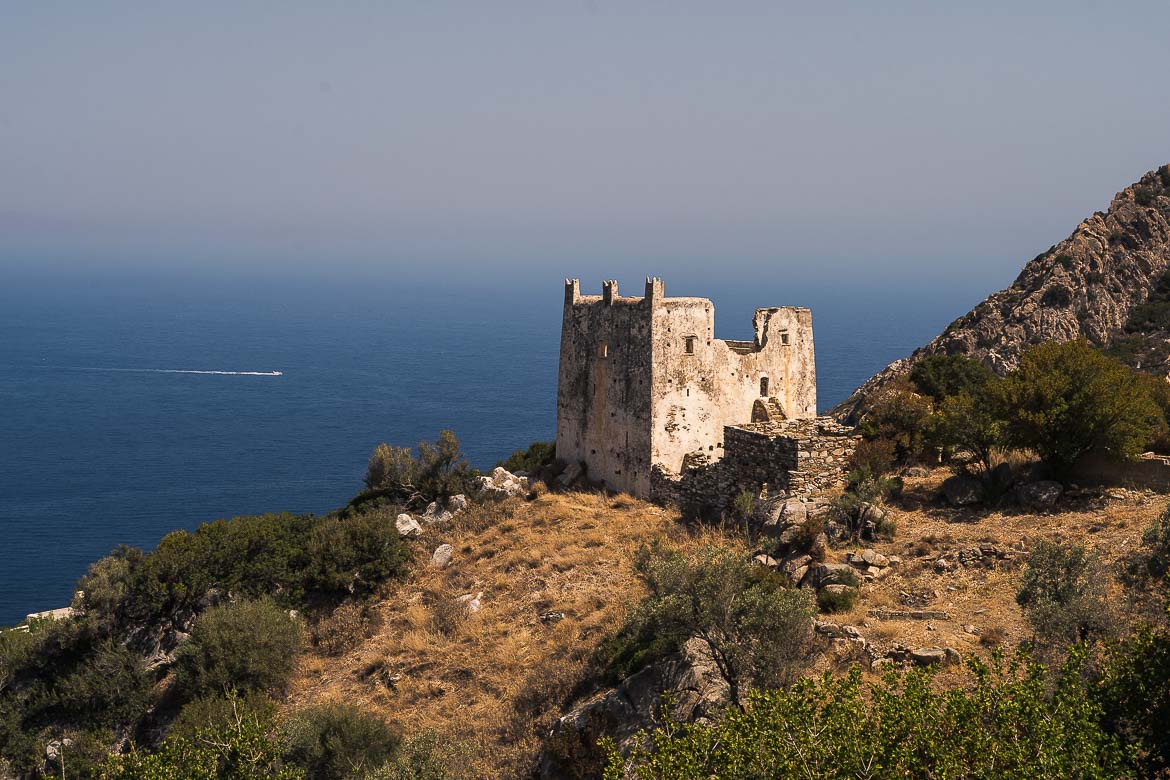 This image shows Agia Tower which looks to the Aegean Sea. Going on a quest to explore the island's towers is one of the best things to do on a Naxos road trip.