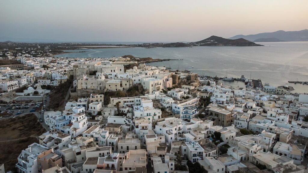 Drone shot showing the Castle and the Old Town of Naxos.