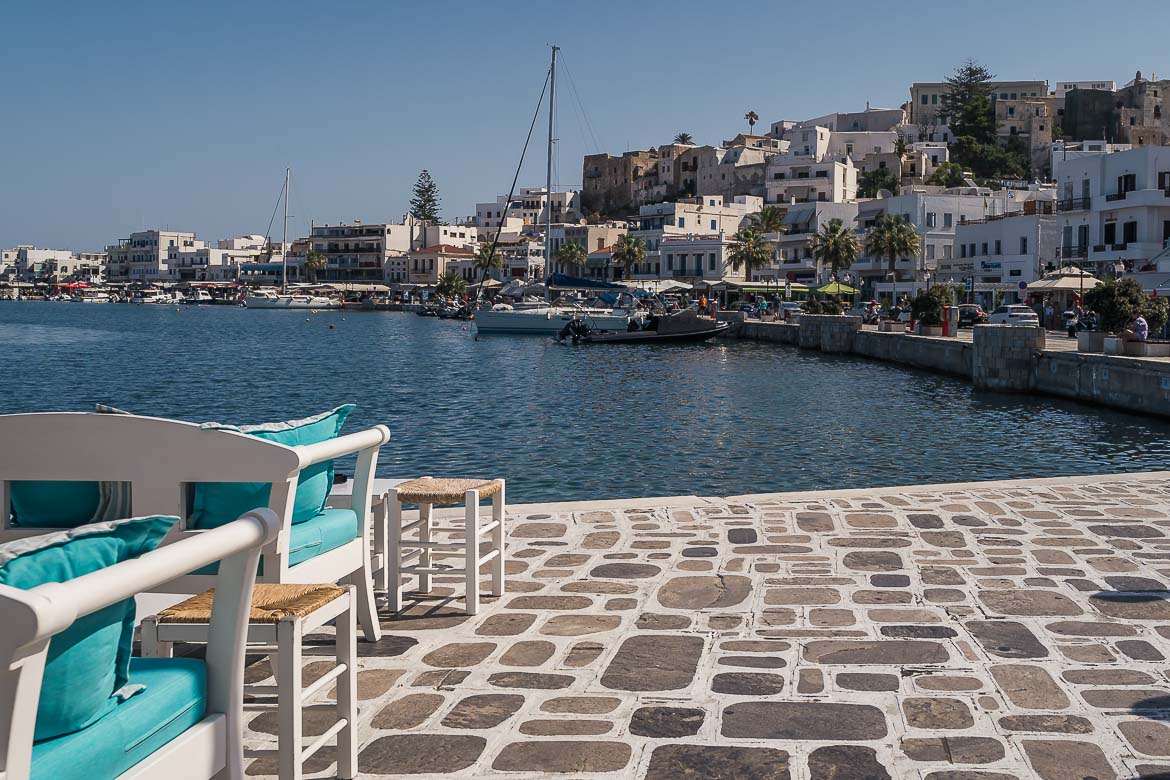 This image shows the promenade in Chora. If you're wondering what to do in Naxos Chora in the evening, people-watching at the promenade is a must.