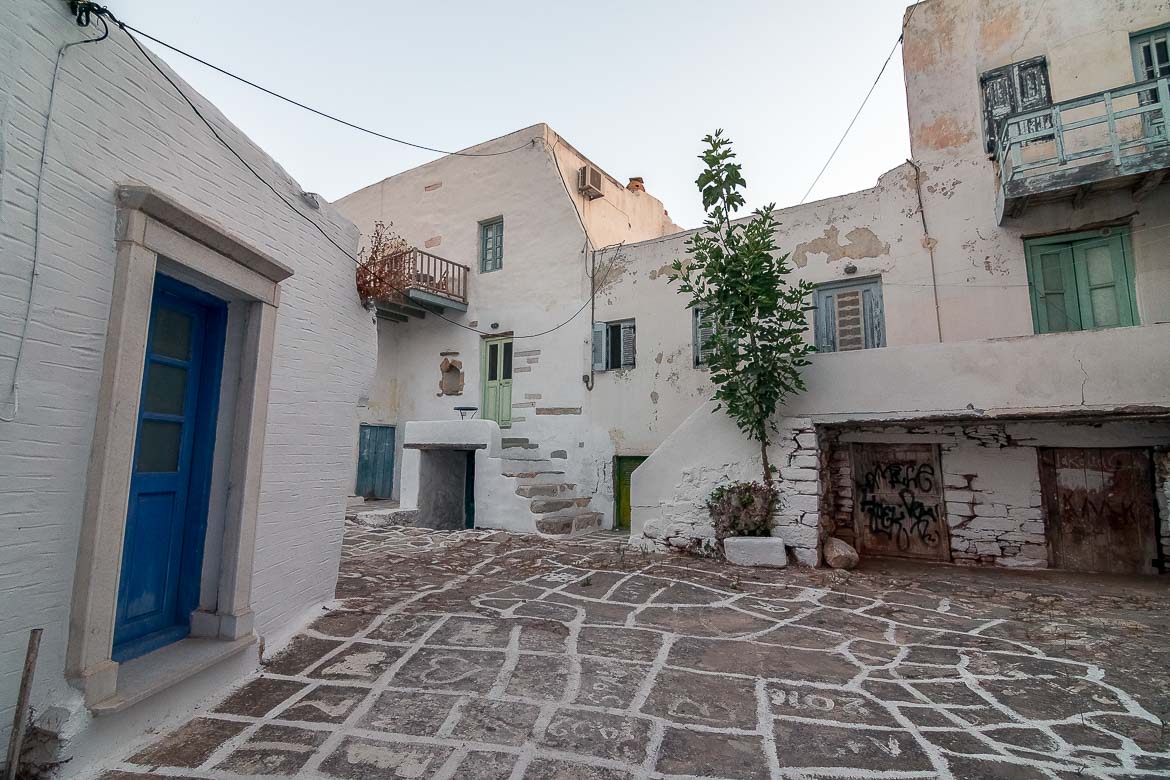 This is a panoramic shot of traditional Antiparos Town with its whitewashed buildings and alleys. 