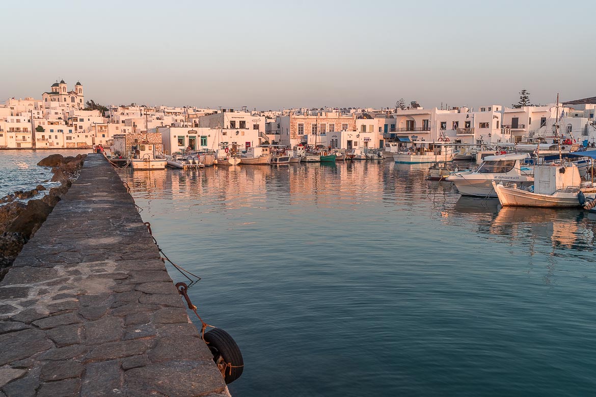 This is a panoramic view of Naoussa at sunset. 