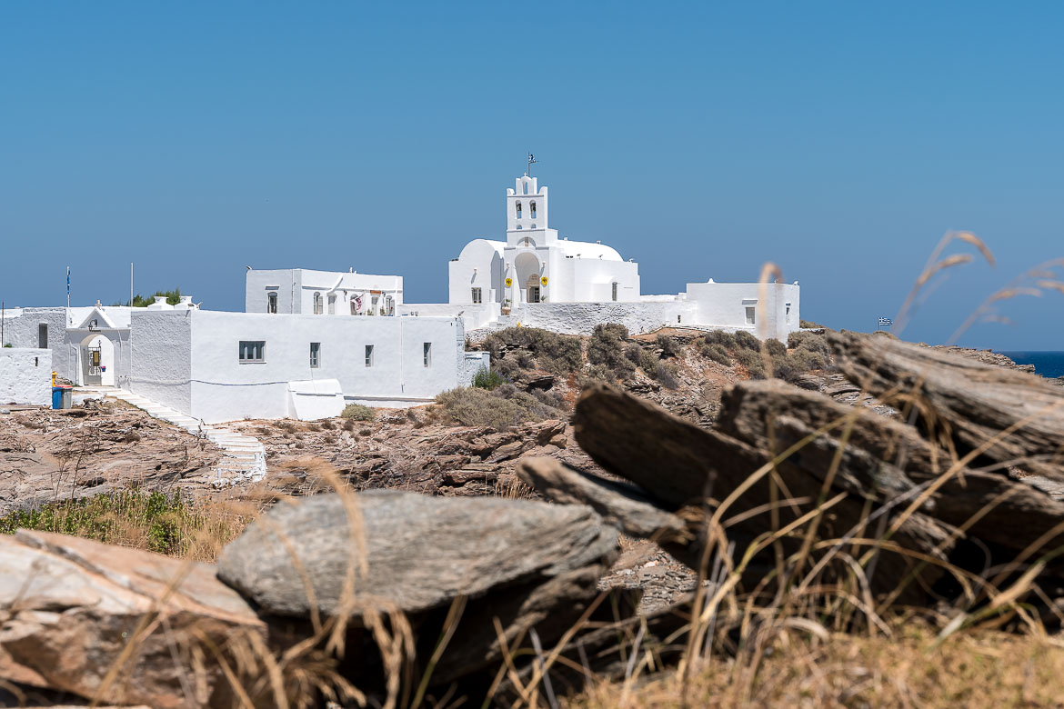 This is a panoramic view of the all-white Chrissopigi monastery.