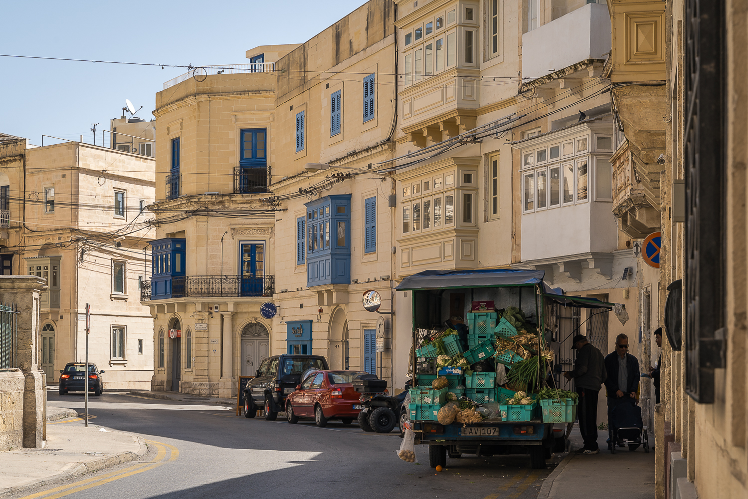 A truck selling fruit and vegetables in Sliema old centre, one of the best places to stay in Malta without a car.