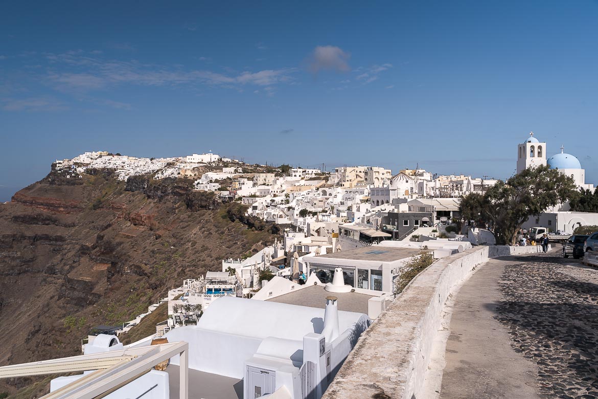 This image shows the caldera view up to Imerovigli as seen from Firostefani. 