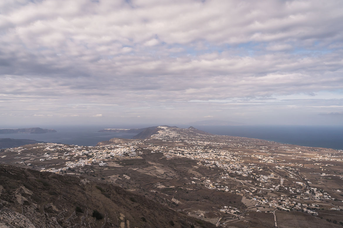 This is a panoramic shot of Santorini and the sea for as far as the eye can see.